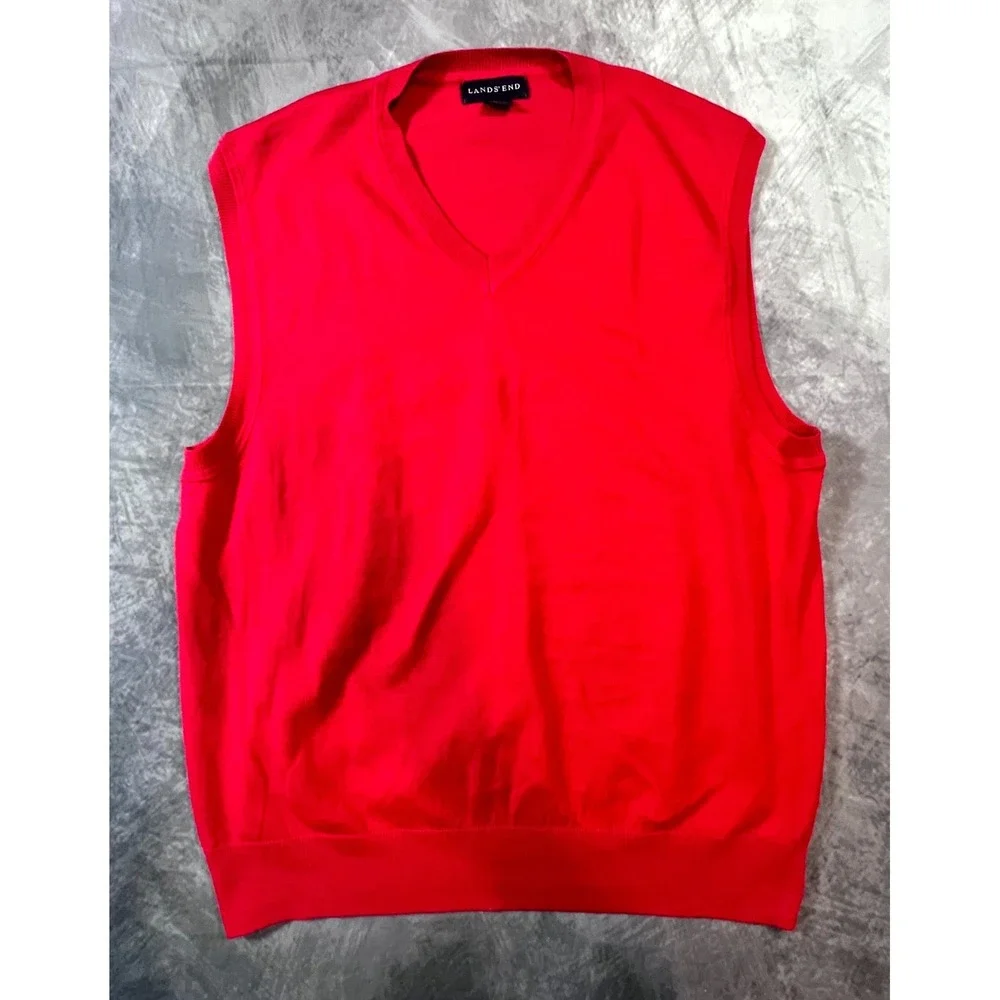 Lands End Sweater Vest Mens Medium 38-40 Red Cotton V-Neck Knit Sleeveless